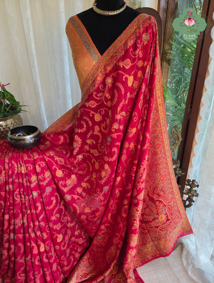 Eshani | Ruby Red Kashmiri Pure Kani Silk Jamavar Weave Saree | Made To Order