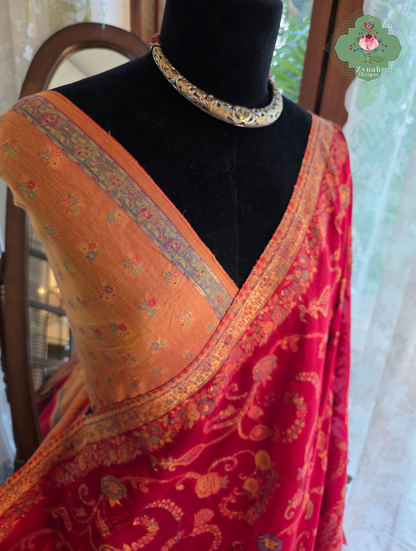 Eshani | Ruby Red Kashmiri Pure Kani Silk Jamavar Weave Saree | Made To Order