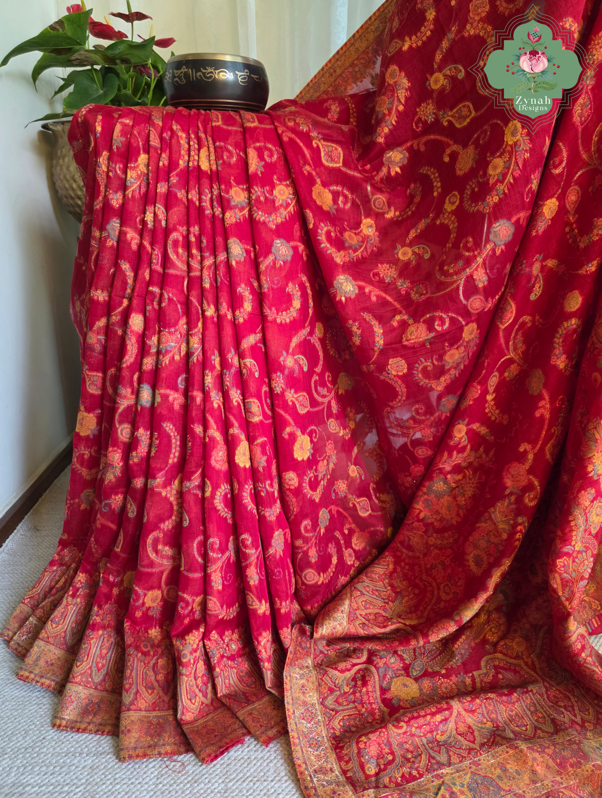 Eshani | Ruby Red Kashmiri Pure Kani Silk Jamavar Weave Saree | Made To Order