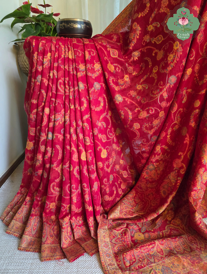 Eshani | Ruby Red Kashmiri Pure Kani Silk Jamavar Weave Saree | Made To Order