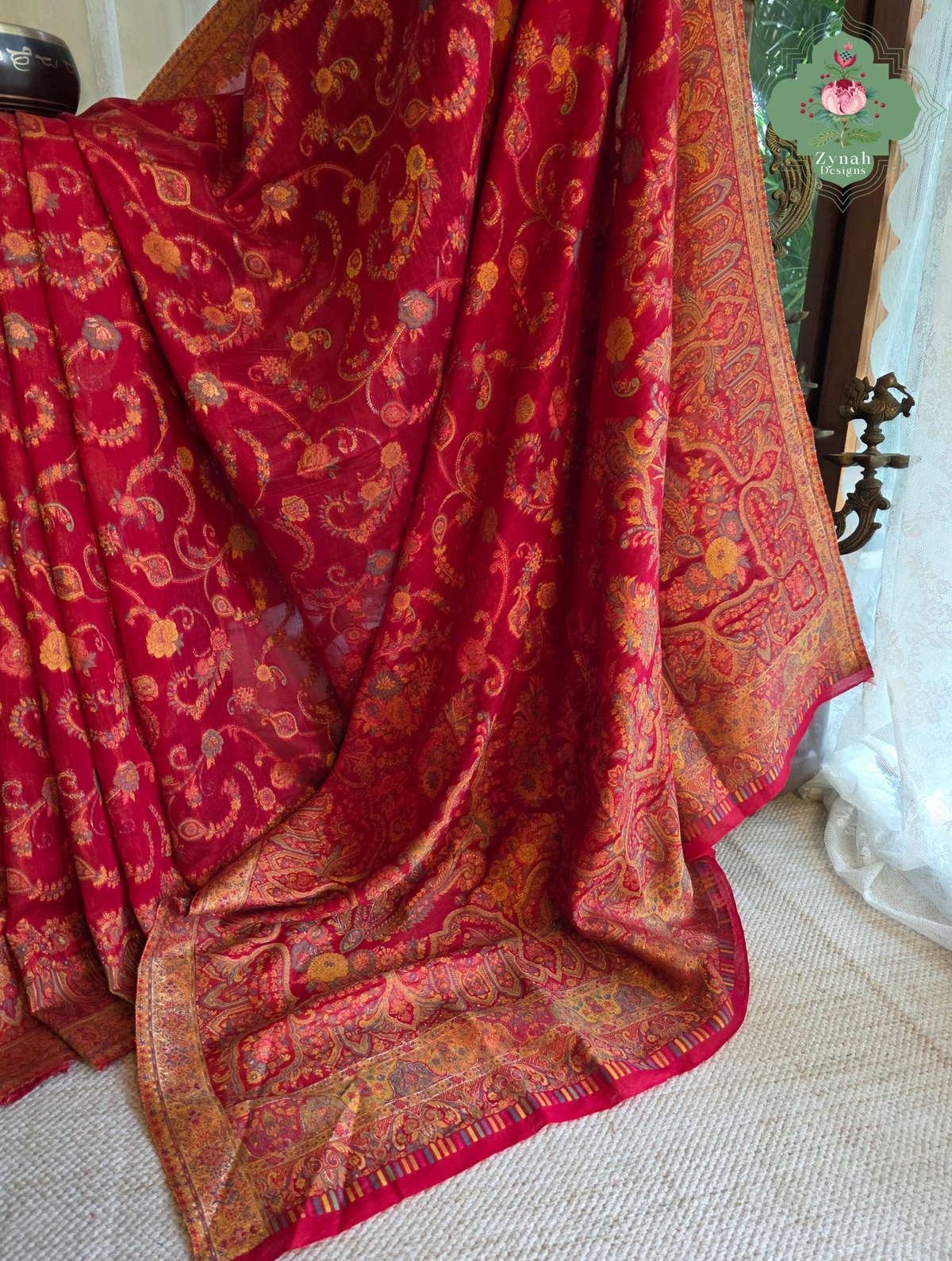 Eshani | Ruby Red Kashmiri Pure Kani Silk Jamavar Weave Saree | Made To Order