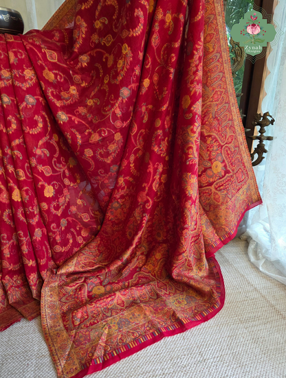 Eshani | Ruby Red Kashmiri Pure Kani Silk Jamavar Weave Saree | Made To Order