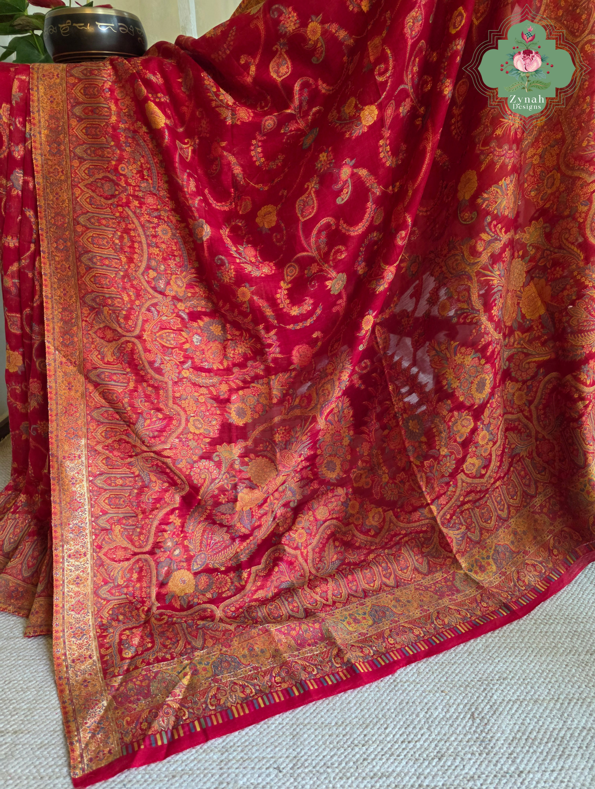 Eshani | Ruby Red Kashmiri Pure Kani Silk Jamavar Weave Saree | Made To Order