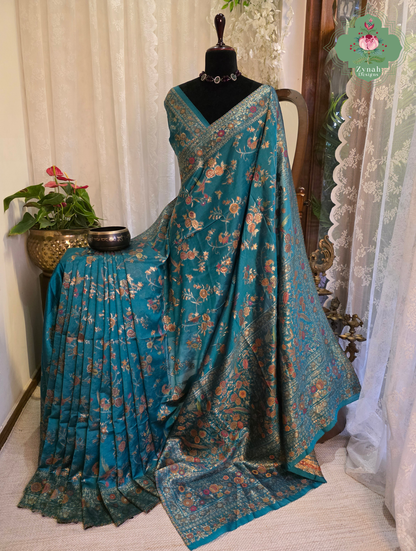 Falak | Teal Blue Kashmiri Pure Kani Silk Jamavar Weave Saree | Made To Order