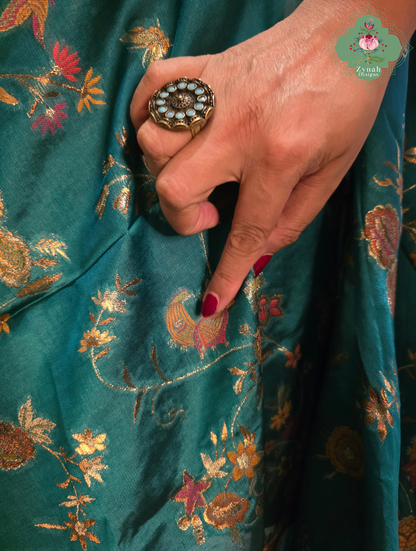 Falak | Teal Blue Kashmiri Pure Kani Silk Jamavar Weave Saree | Made To Order