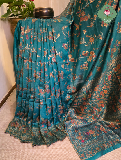 Falak | Teal Blue Kashmiri Pure Kani Silk Jamavar Weave Saree | Made To Order
