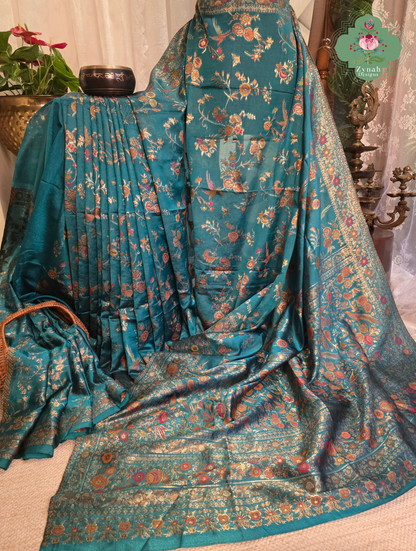 Falak | Teal Blue Kashmiri Pure Kani Silk Jamavar Weave Saree | Made To Order