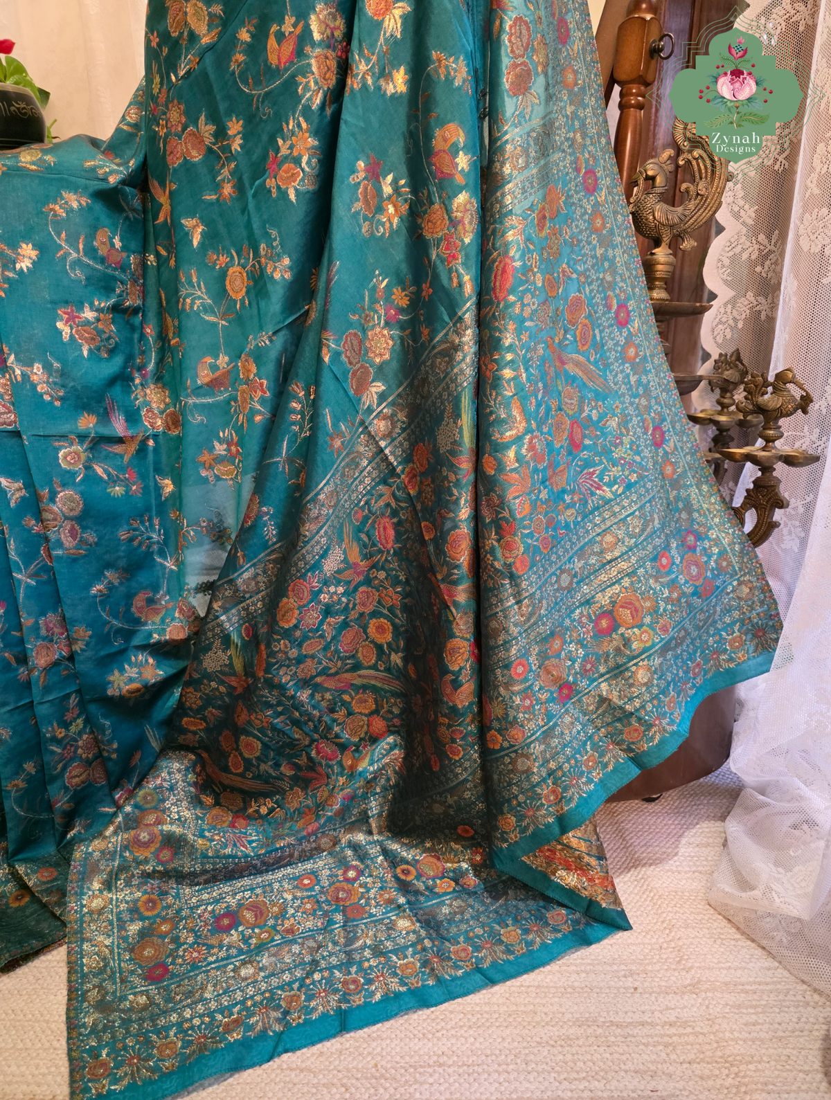 Falak | Teal Blue Kashmiri Pure Kani Silk Jamavar Weave Saree | Made To Order
