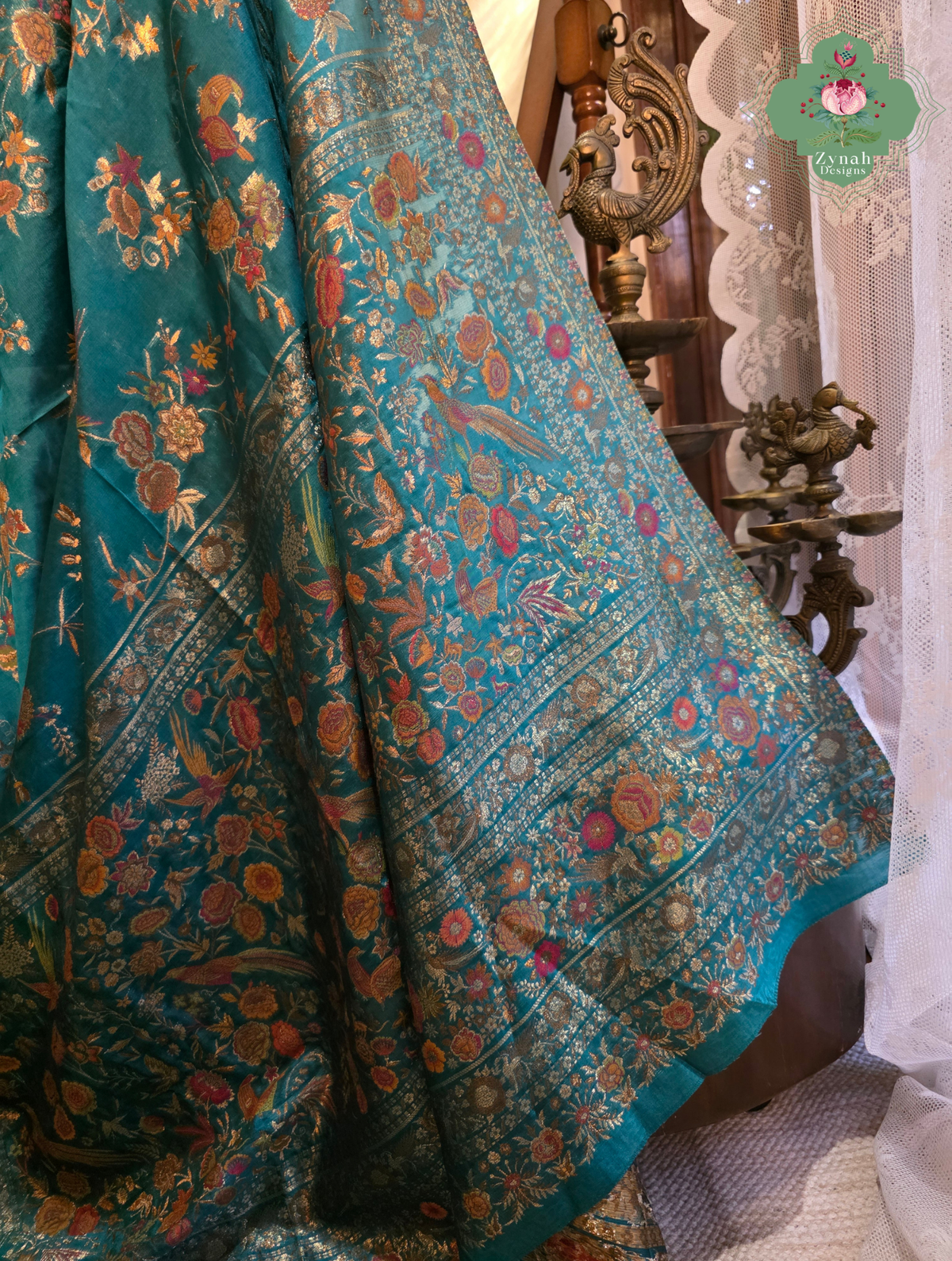 Falak | Teal Blue Kashmiri Pure Kani Silk Jamavar Weave Saree | Made To Order