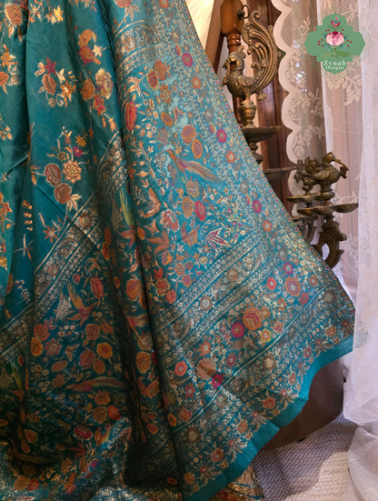 Falak | Teal Blue Kashmiri Pure Kani Silk Jamavar Weave Saree | Made To Order