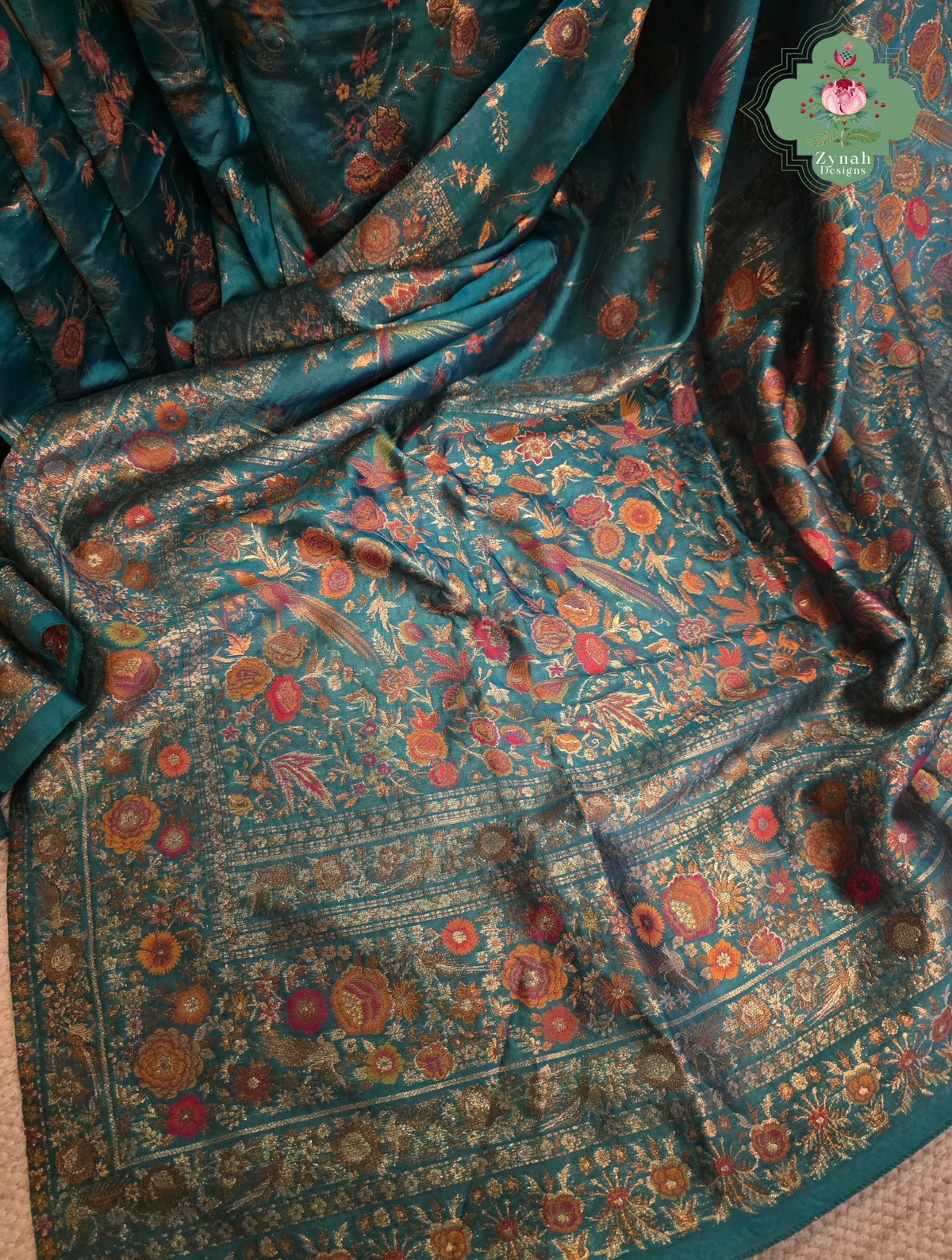 Falak | Teal Blue Kashmiri Pure Kani Silk Jamavar Weave Saree | Made To Order
