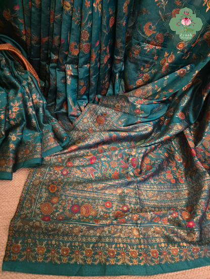 Falak | Teal Blue Kashmiri Pure Kani Silk Jamavar Weave Saree | Made To Order