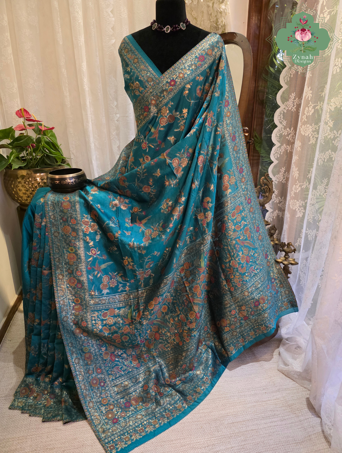 Falak | Teal Blue Kashmiri Pure Kani Silk Jamavar Weave Saree | Made To Order
