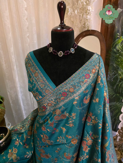 Falak | Teal Blue Kashmiri Pure Kani Silk Jamavar Weave Saree | Made To Order