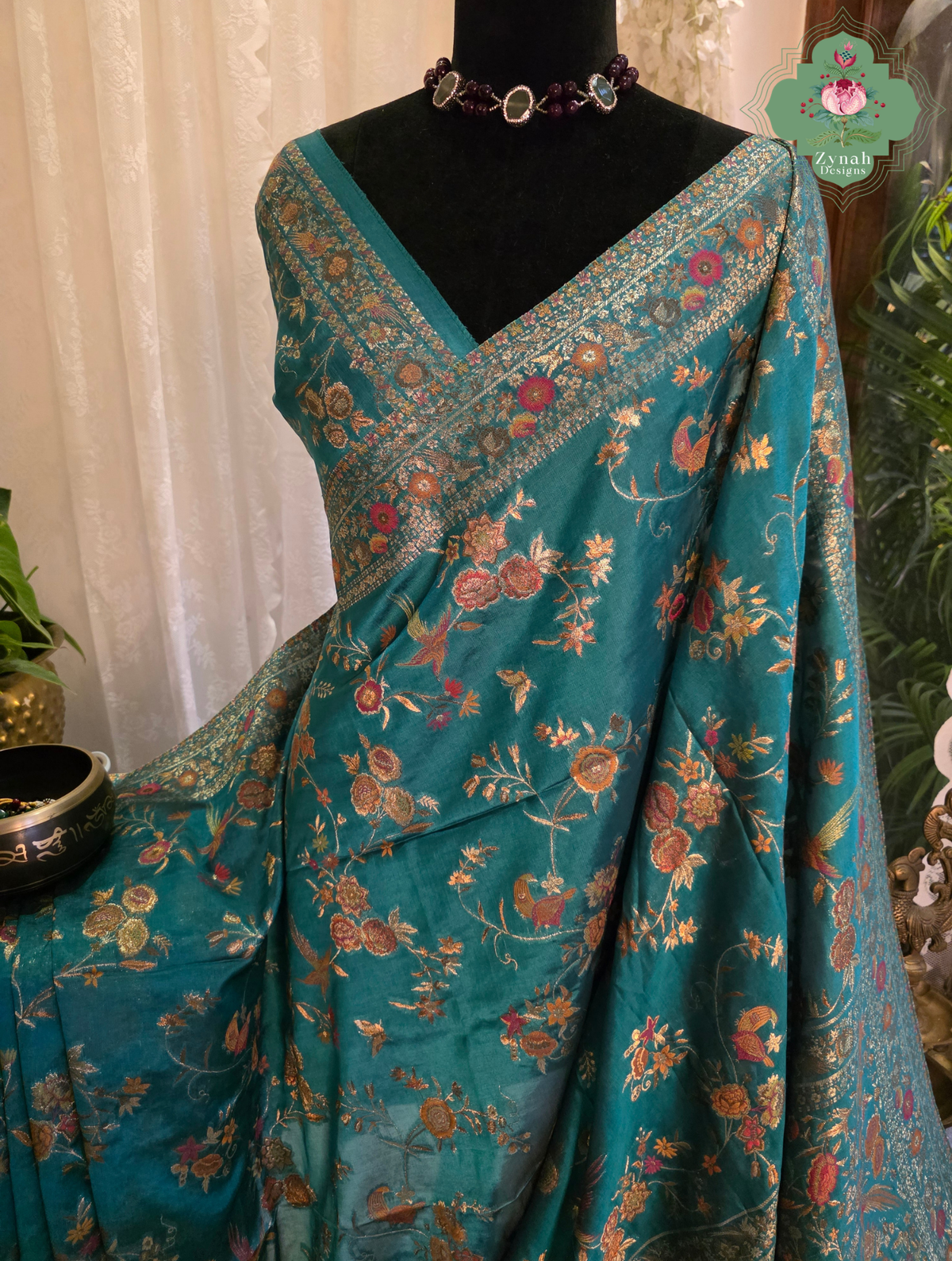 Falak | Teal Blue Kashmiri Pure Kani Silk Jamavar Weave Saree | Made To Order