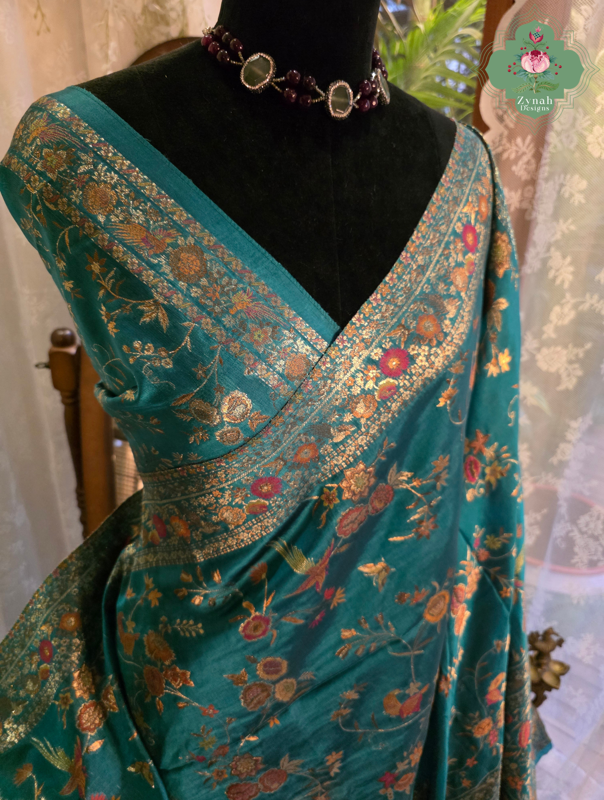 Falak | Teal Blue Kashmiri Pure Kani Silk Jamavar Weave Saree | Made To Order