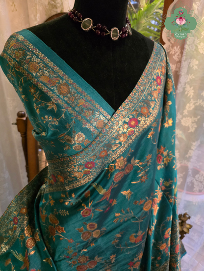 Falak | Teal Blue Kashmiri Pure Kani Silk Jamavar Weave Saree | Made To Order
