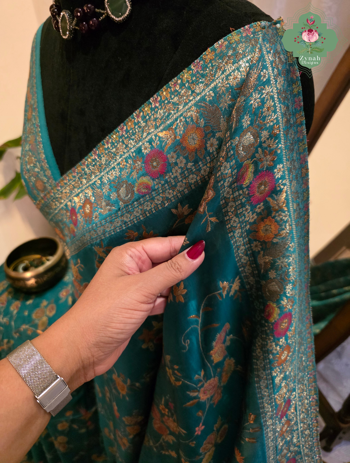 Falak | Teal Blue Kashmiri Pure Kani Silk Jamavar Weave Saree | Made To Order