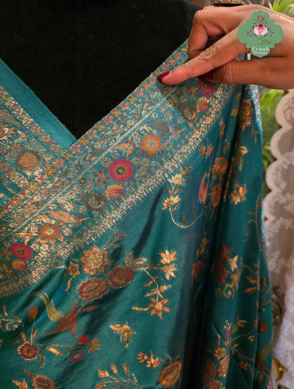 Falak | Teal Blue Kashmiri Pure Kani Silk Jamavar Weave Saree | Made To Order