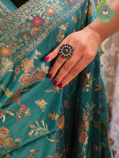 Falak | Teal Blue Kashmiri Pure Kani Silk Jamavar Weave Saree | Made To Order