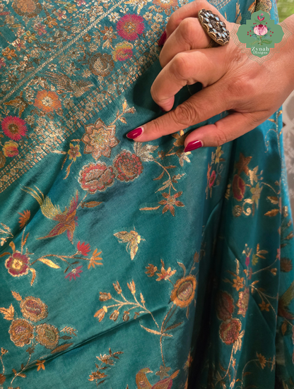 Falak | Teal Blue Kashmiri Pure Kani Silk Jamavar Weave Saree | Made To Order