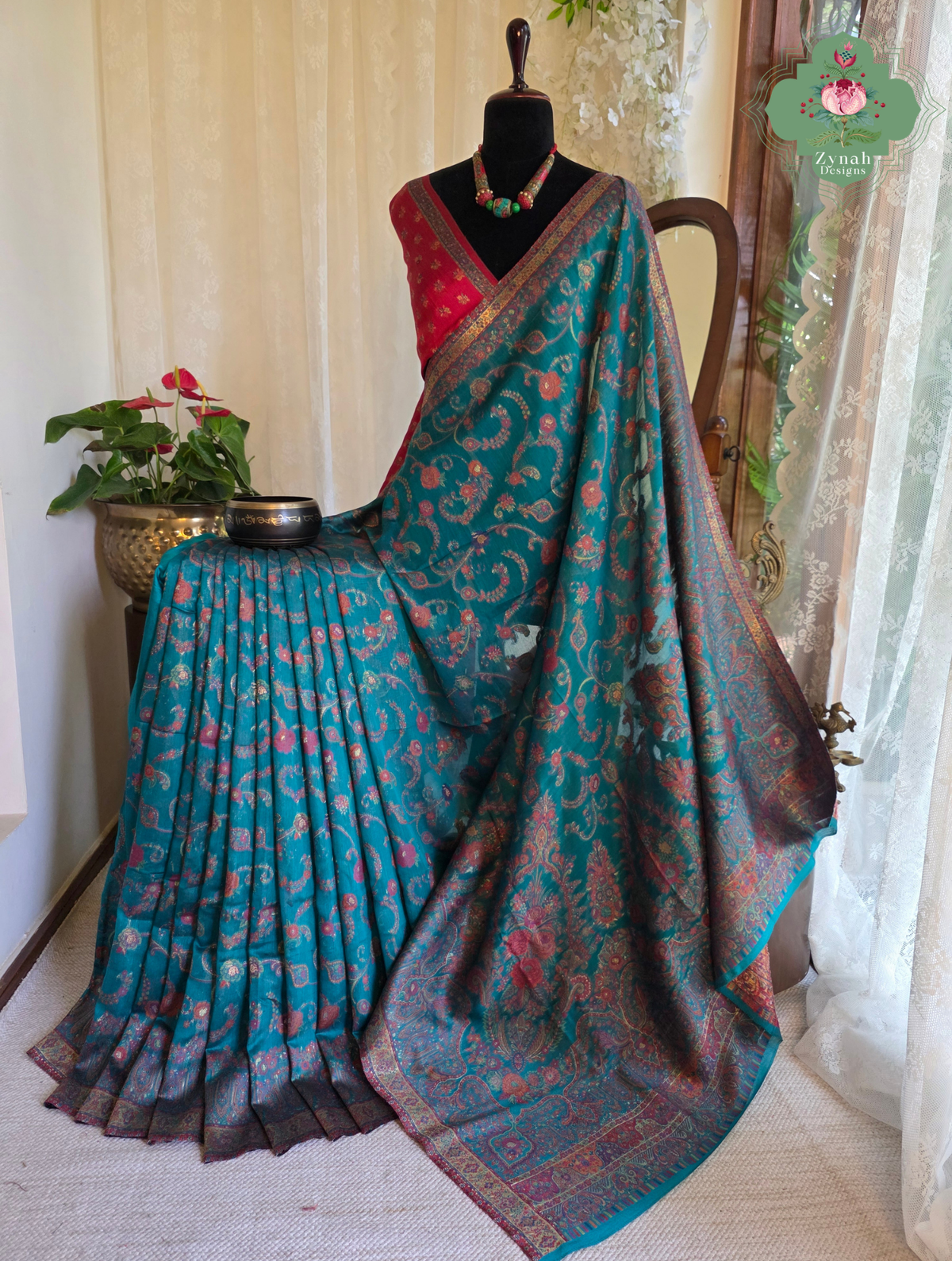 Gargi | Turquoise Blue Kashmiri Pure Kani Silk Jamavar Weave Saree | Made To Order