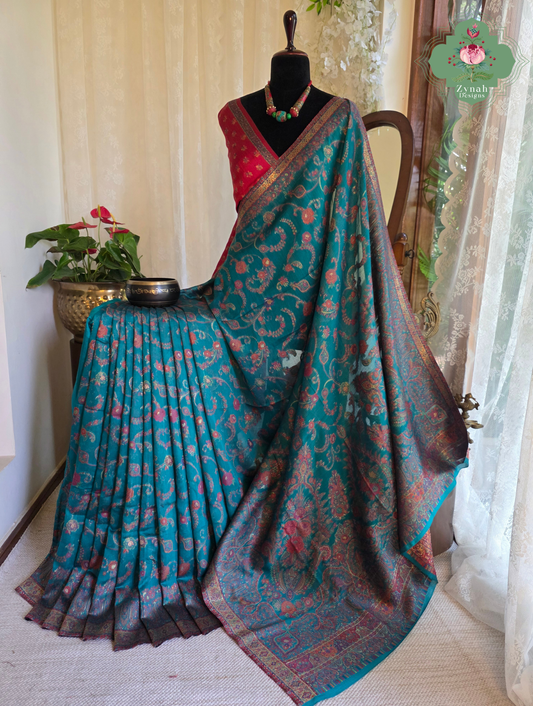 Gargi | Turquoise Blue Kashmiri Pure Kani Silk Jamavar Weave Saree | Made To Order