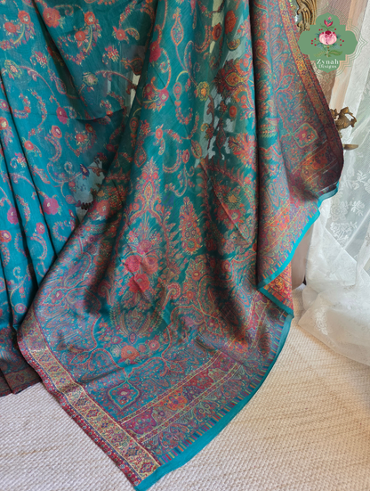 Gargi | Turquoise Blue Kashmiri Pure Kani Silk Jamavar Weave Saree | Made To Order
