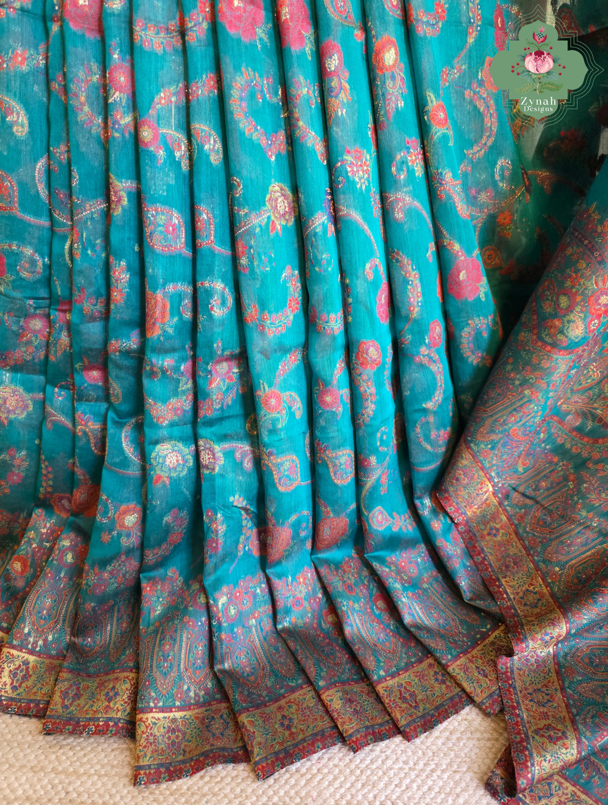 Gargi | Turquoise Blue Kashmiri Pure Kani Silk Jamavar Weave Saree | Made To Order