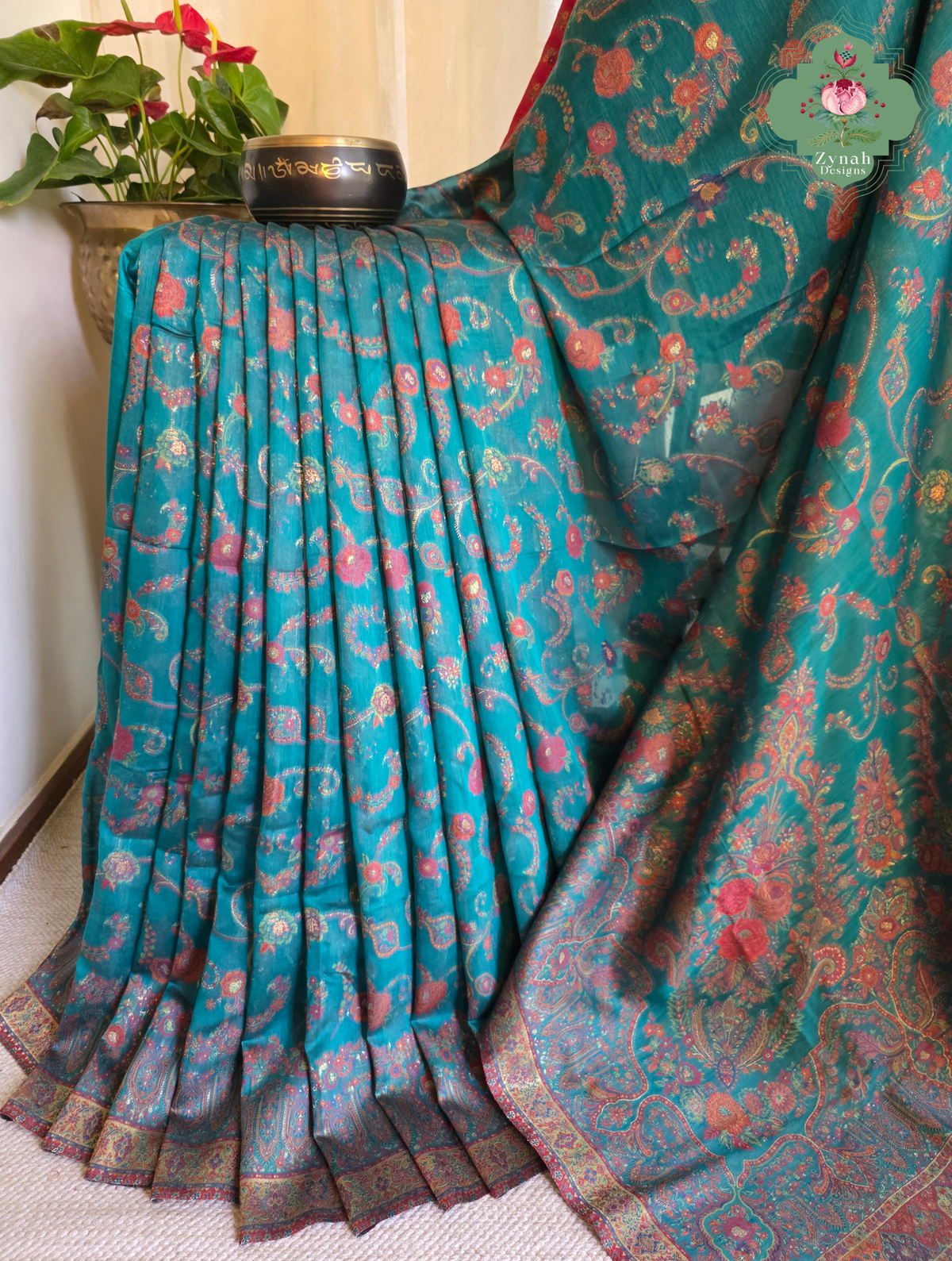 Gargi | Turquoise Blue Kashmiri Pure Kani Silk Jamavar Weave Saree | Made To Order