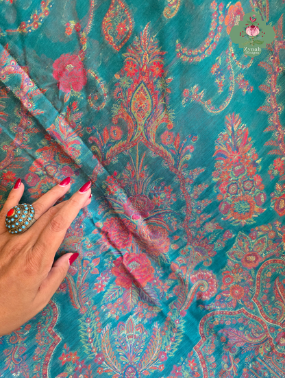 Gargi | Turquoise Blue Kashmiri Pure Kani Silk Jamavar Weave Saree | Made To Order