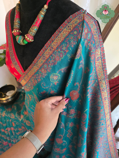 Gargi | Turquoise Blue Kashmiri Pure Kani Silk Jamavar Weave Saree | Made To Order