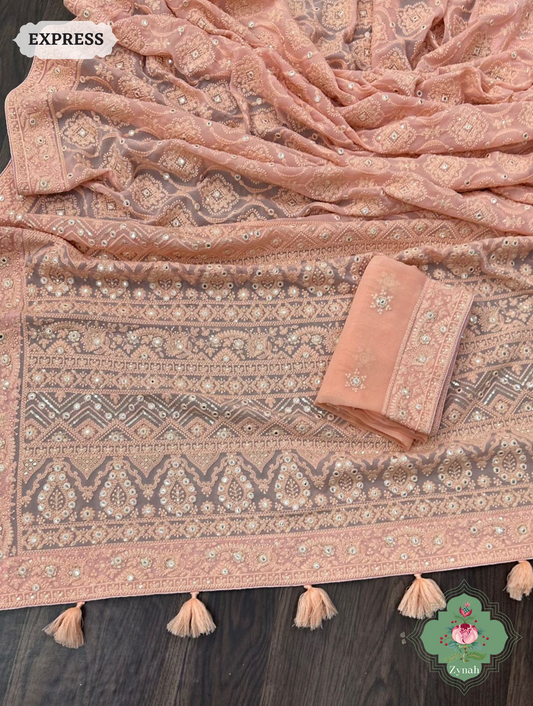 Zynah Pure Georgette Chikankari Saree With Foil Mirror Work; Custom Stitched/Ready-made Blouse, Fall, Petticoat; SKU: 0807202303