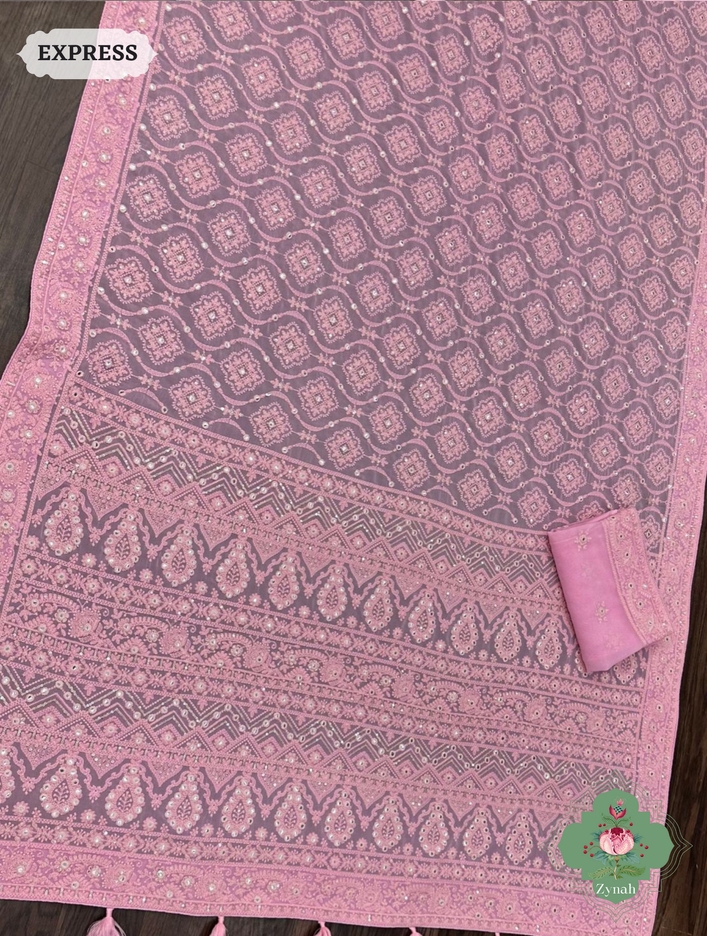 Zynah Pure Georgette Chikankari Saree With Foil Mirror Work; Custom Stitched/Ready-made Blouse, Fall, Petticoat; SKU: 0807202303