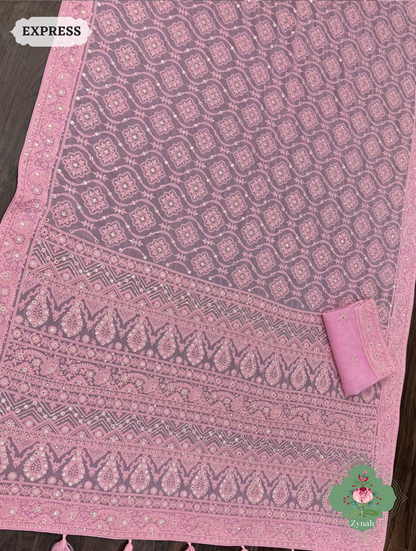 Zynah Pure Georgette Chikankari Saree With Foil Mirror Work; Custom Stitched/Ready-made Blouse, Fall, Petticoat; SKU: 0807202303