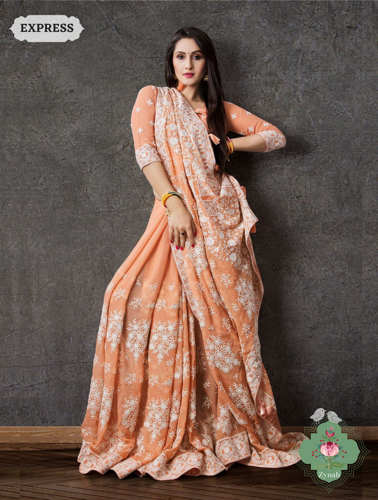 Pure Georgette Chikankari Saree With Big Floral Motifs - Elegant and sophisticated, perfect for special occasions.