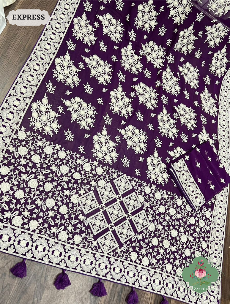 Zynah Pure Georgette Chikankari Saree With Big Floral Motifs; Custom Stitched/Ready-made Blouse, Fall, Petticoat; SKU: 0807202305