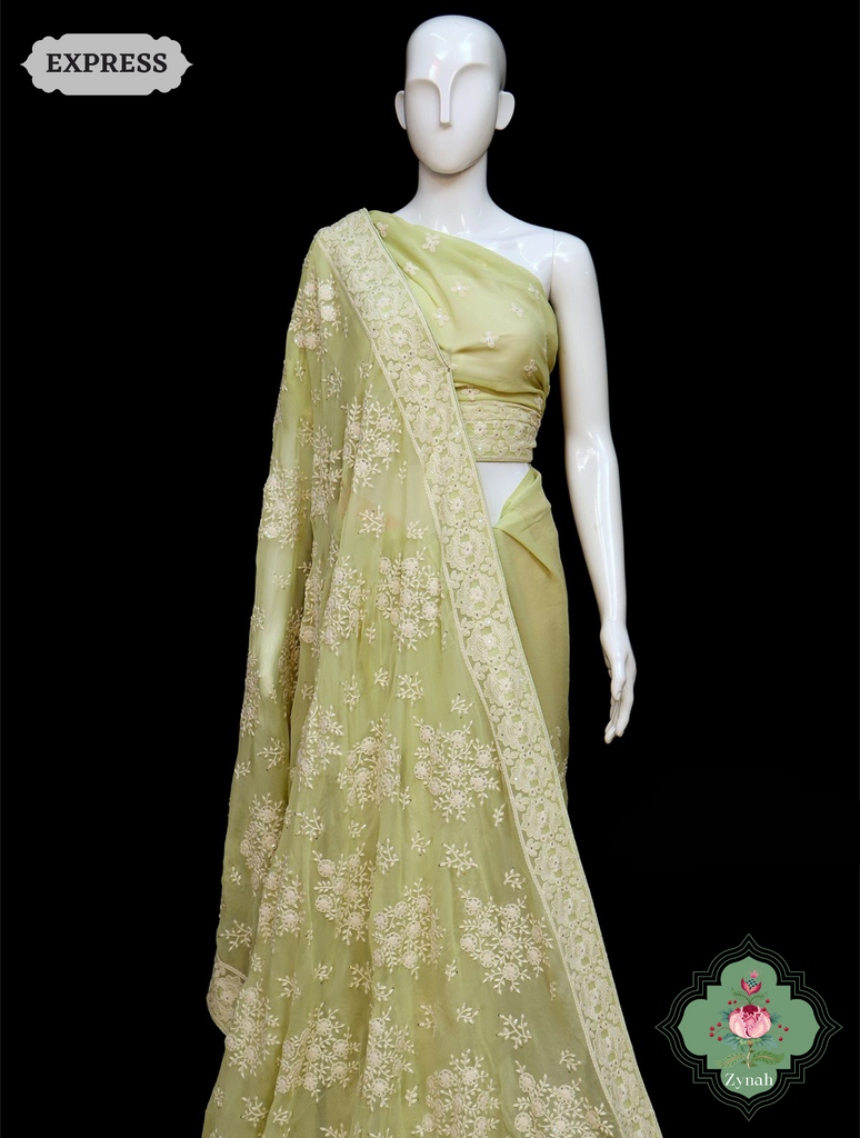 Zynah Pure Georgette Chikankari Saree With Big Floral Motifs; Custom Stitched/Ready-made Blouse, Fall, Petticoat; SKU: 0807202305