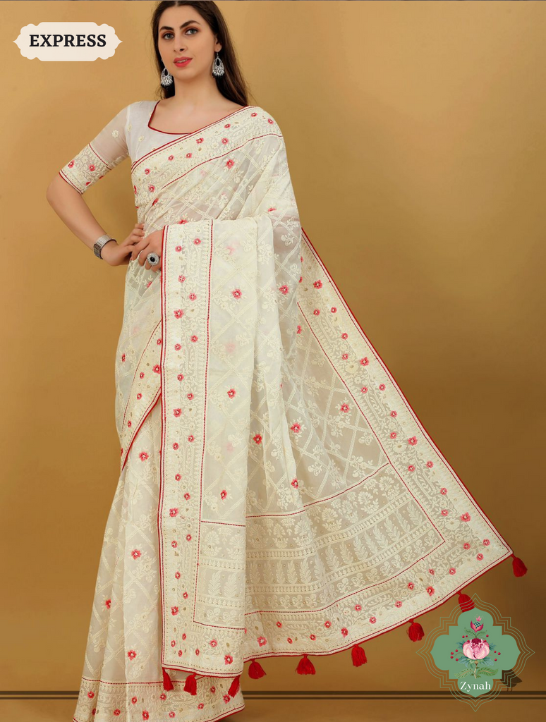 Pure Georgette Chikankari Saree With Block Pattern Motifs - Timeless elegance and intricate craftsmanship for any occasion.