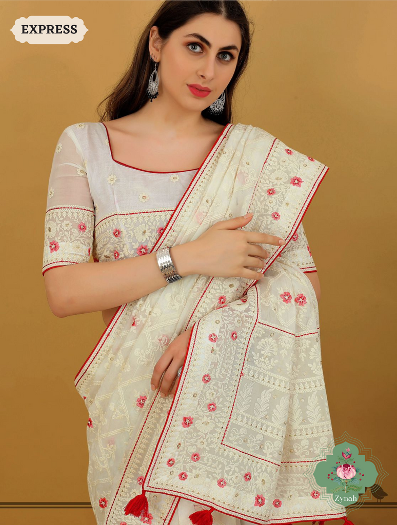 Zynah Off White Pure Georgette Chikankari Saree With Block Pattern Motifs; Custom Stitched/Ready-made Blouse, Fall, Petticoat; SKU: 0807202306