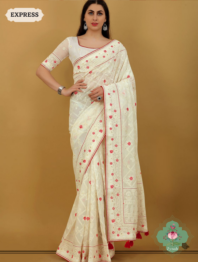 Zynah Off White Pure Georgette Chikankari Saree With Block Pattern Motifs; Custom Stitched/Ready-made Blouse, Fall, Petticoat; SKU: 0807202306