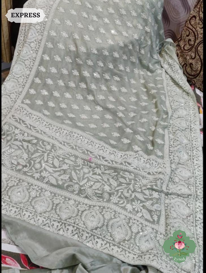 Zynah Pure Georgette Chikankari Saree With delicate butis; Custom Stitched/Ready-made Blouse, Fall, Petticoat; SKU: 0807202308