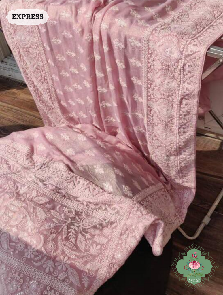 Zynah Pure Georgette Chikankari Saree With delicate butis; Custom Stitched/Ready-made Blouse, Fall, Petticoat; SKU: 0807202308