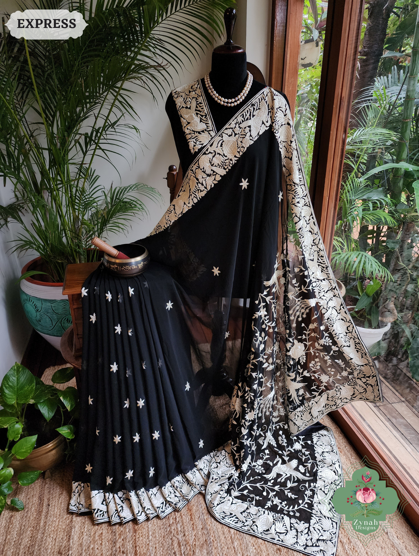 Zynah Mehtab – Black Pure Georgette Hand Embroidered Authentic Parsi Gara Saree