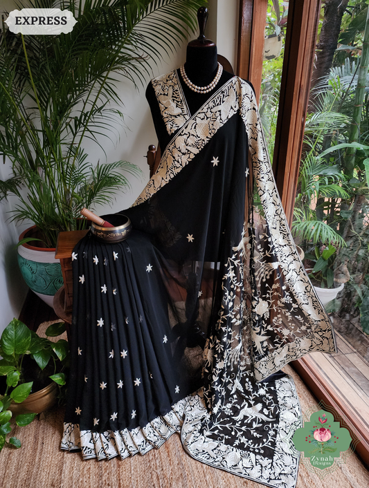 Zynah Mehtab – Black Pure Georgette Hand Embroidered Authentic Parsi Gara Saree