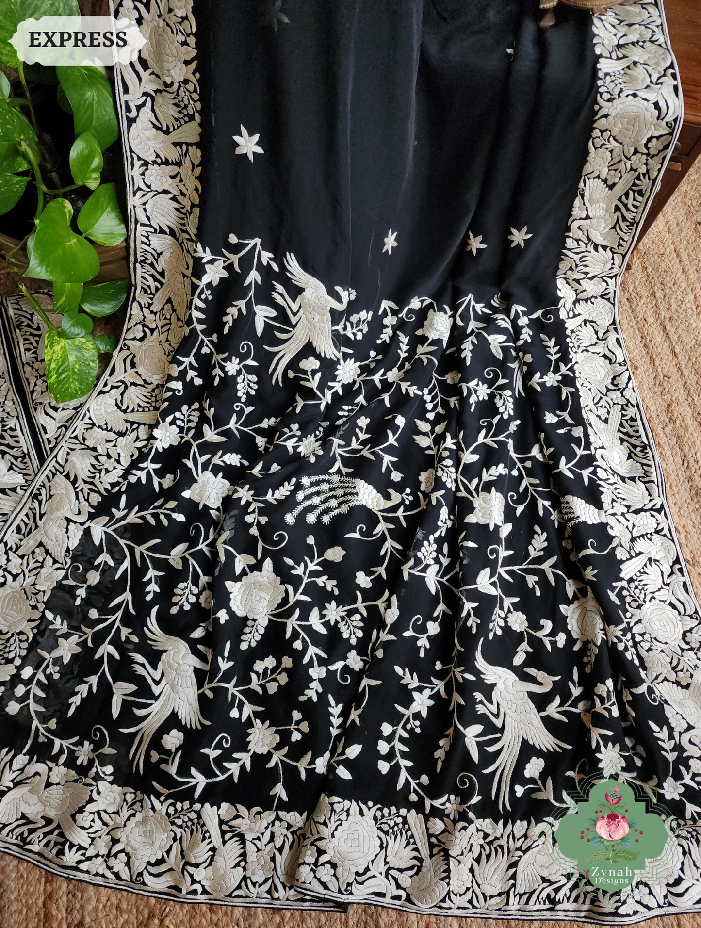 Zynah Mehtab – Black Pure Georgette Hand Embroidered Authentic Parsi Gara Saree