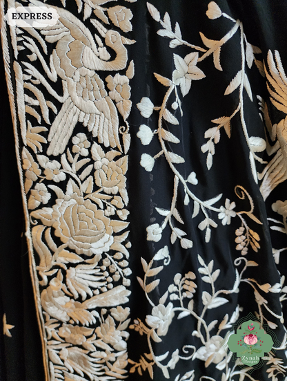 Zynah Mehtab – Black Pure Georgette Hand Embroidered Authentic Parsi Gara Saree