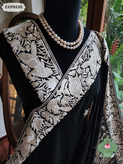 Zynah Mehtab – Black Pure Georgette Hand Embroidered Authentic Parsi Gara Saree