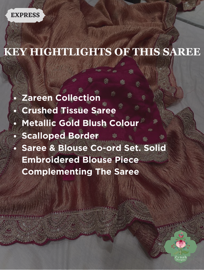 Metallic Gold Blush Pink Crushed Tissue Saree With Scalloped Border 2