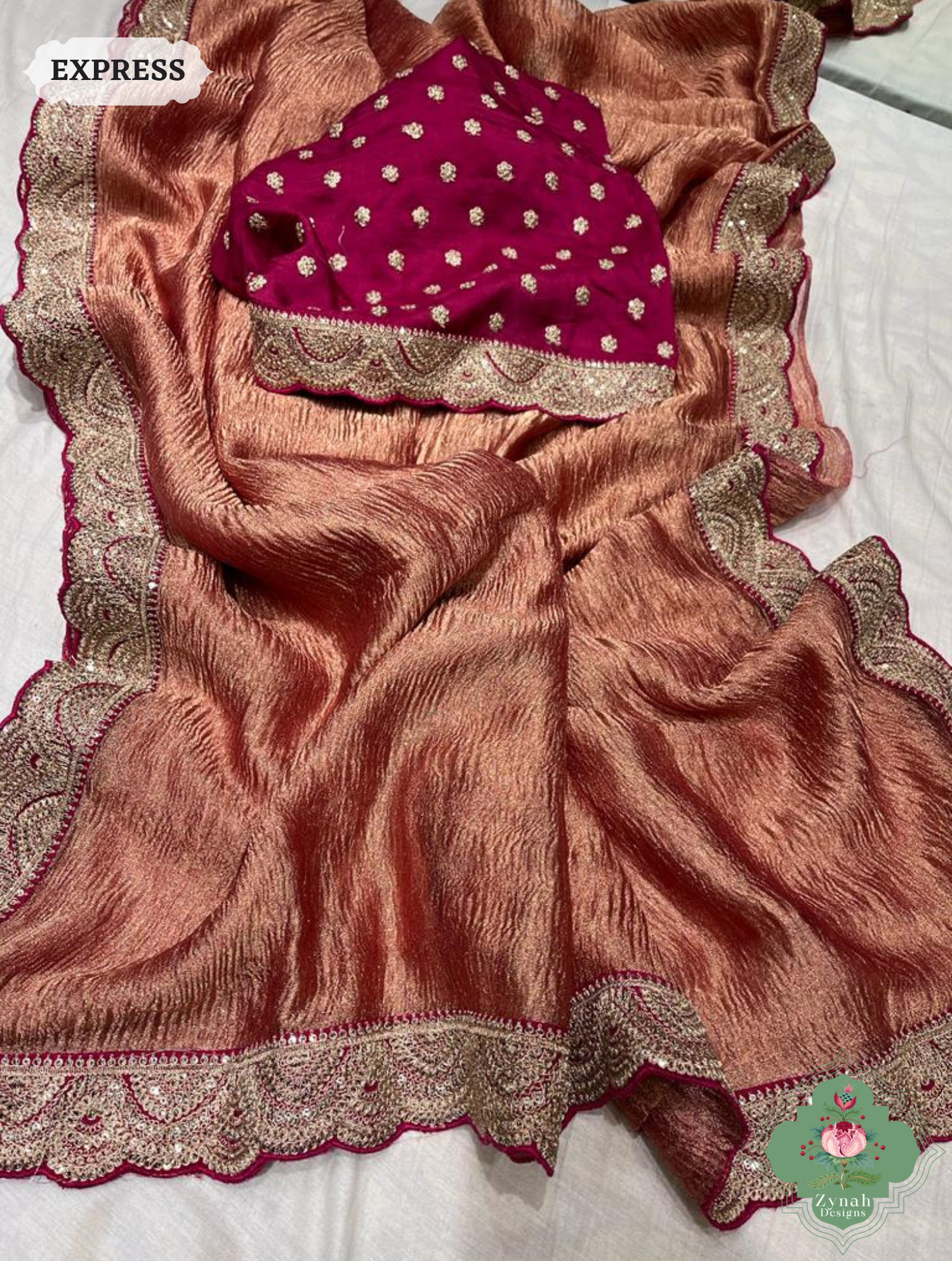 Metallic Gold Blush Pink Crushed Tissue Saree With Scalloped Border 3